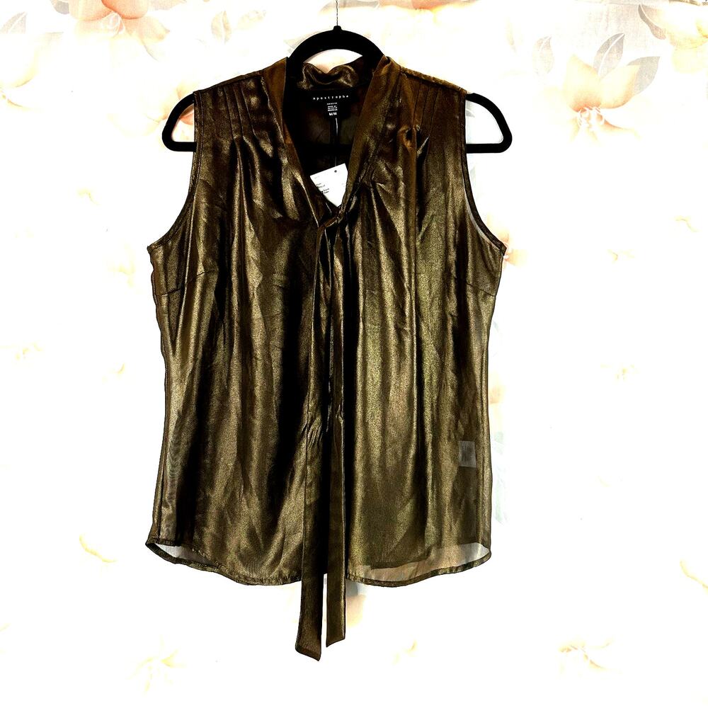 Apostrophe Top Women’s Brown Sheer Front Tie Button Up Band Collar V NeckNew